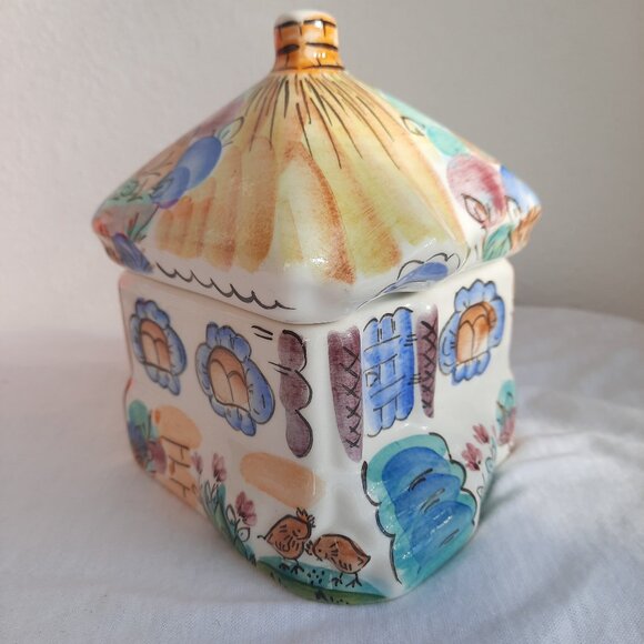 Russian Porcelain House Shaped Jar Trinket Box with Lid- Farmhouse Cat Cottage